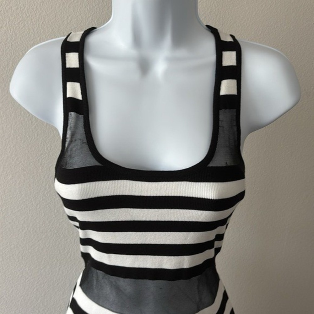 NWT Mesh Panel Dress M Y2K Black White Striped Bodycon Festival Streetwear Glam - Picture 14 of 16